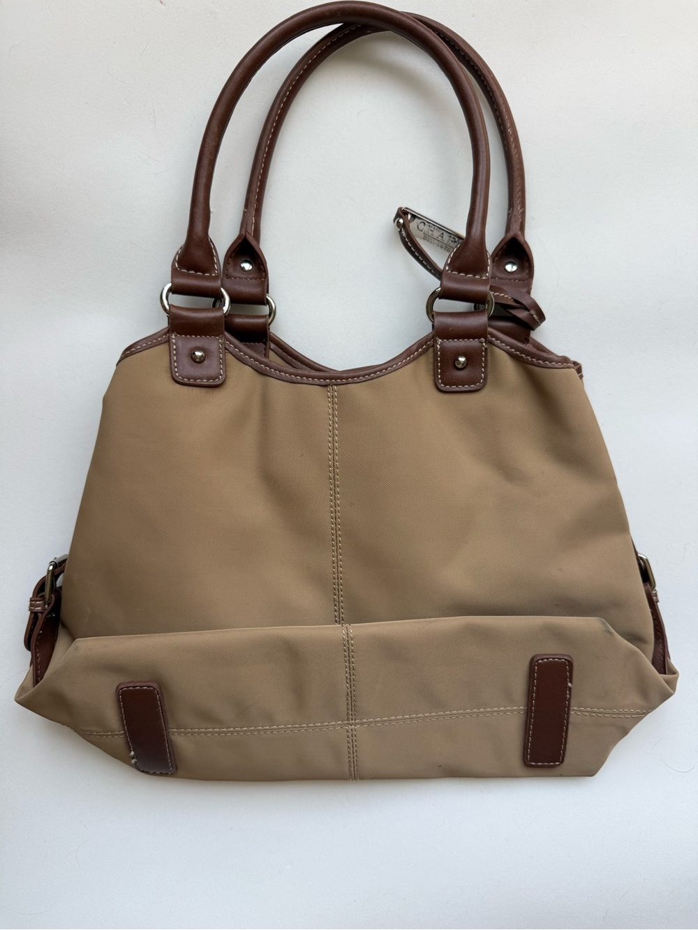 Chaps Brown and Tan Nylon Shoulder Purse Custom Great Dane Painting - Picture 3 of 11